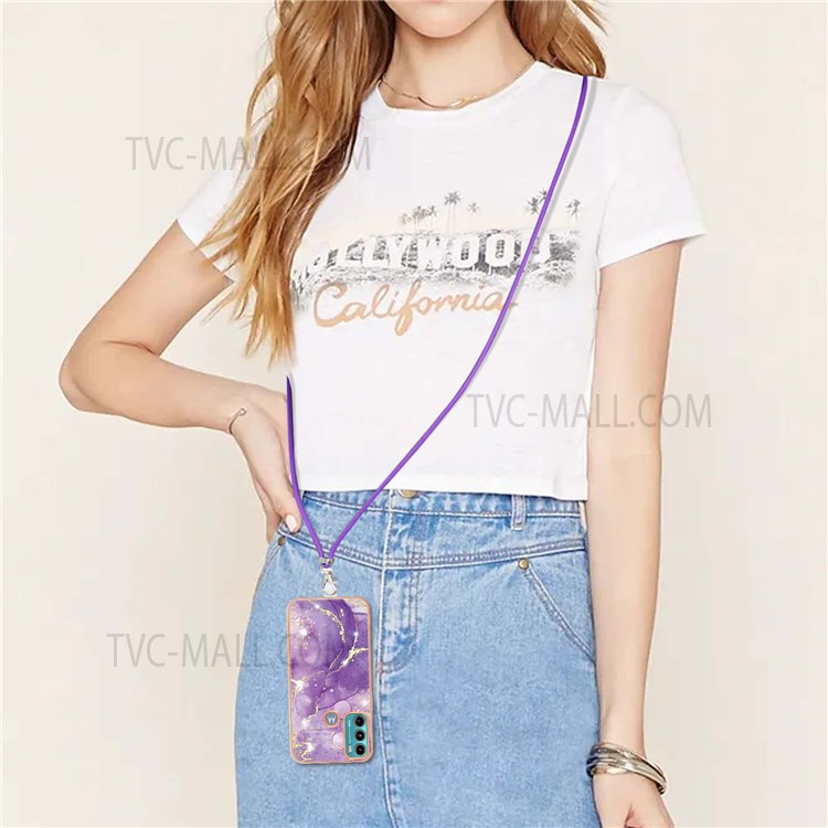 YB IMD Series-9 Phone Case for Motorola Moto G60/Moto G40 Fusion Stylish IMD Marble Electroplating Frame Soft TPU Shockproof Cover with Lanyard - Purple 002-4