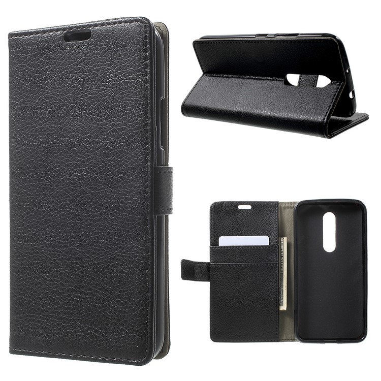 Litchi Skin Wallet Leather Stand Case for Motorola Moto M - Black-1