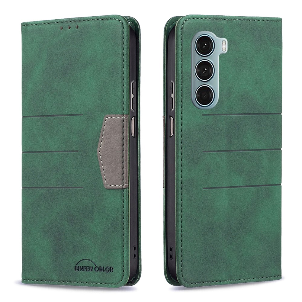 BINFEN COLOR BF Leather Series-1 for Motorola Moto G200 5G/Edge S30 10 Color Splicing Lines Imprinted Phone Case PU Leather Wallet Stand Magnetic Clasp Cover - Green-1
