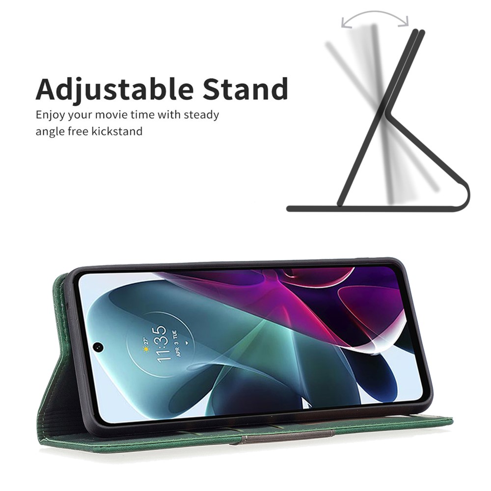 BINFEN COLOR BF Leather Series-1 for Motorola Moto G200 5G/Edge S30 10 Color Splicing Lines Imprinted Phone Case PU Leather Wallet Stand Magnetic Clasp Cover - Green-2