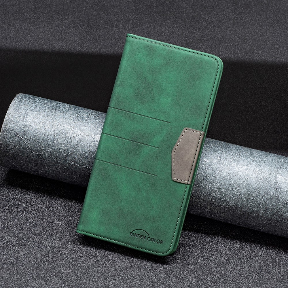 BINFEN COLOR BF Leather Series-1 for Motorola Moto G200 5G/Edge S30 10 Color Splicing Lines Imprinted Phone Case PU Leather Wallet Stand Magnetic Clasp Cover - Green-4