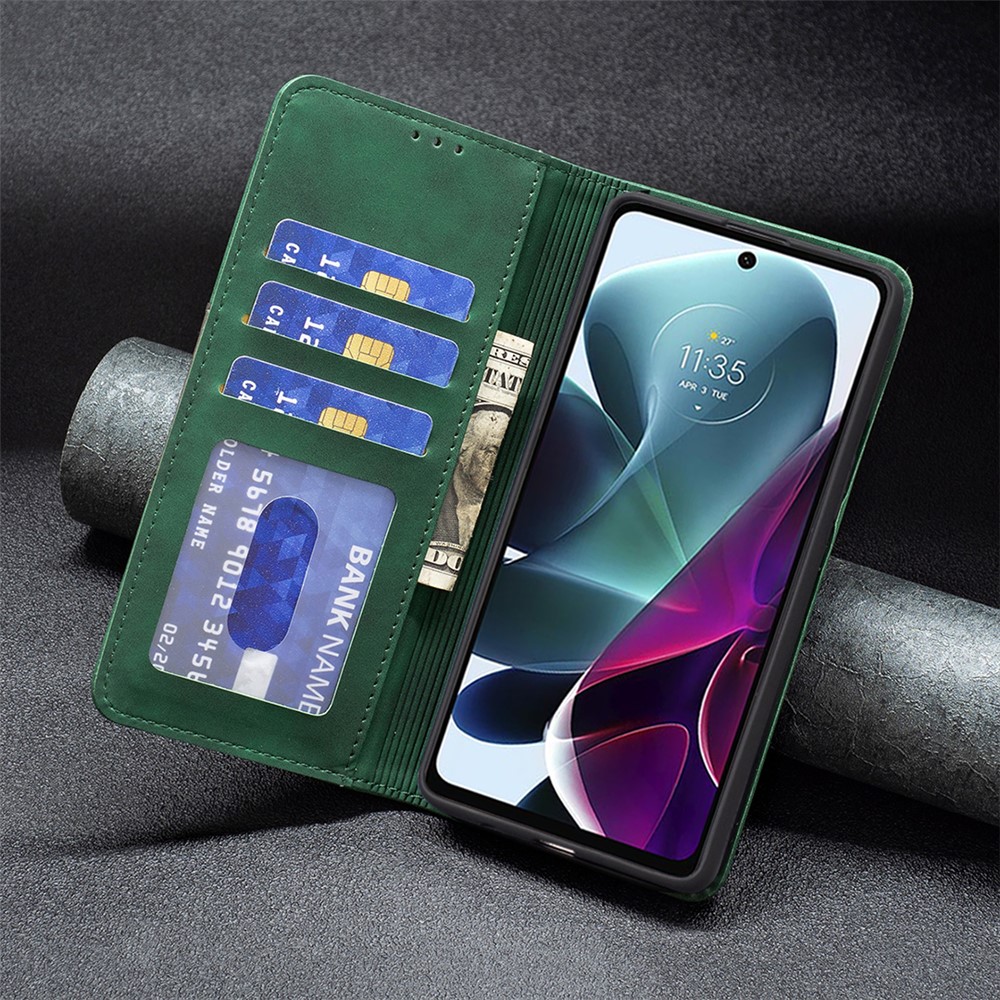 BINFEN COLOR BF Leather Series-1 for Motorola Moto G200 5G/Edge S30 10 Color Splicing Lines Imprinted Phone Case PU Leather Wallet Stand Magnetic Clasp Cover - Green-6