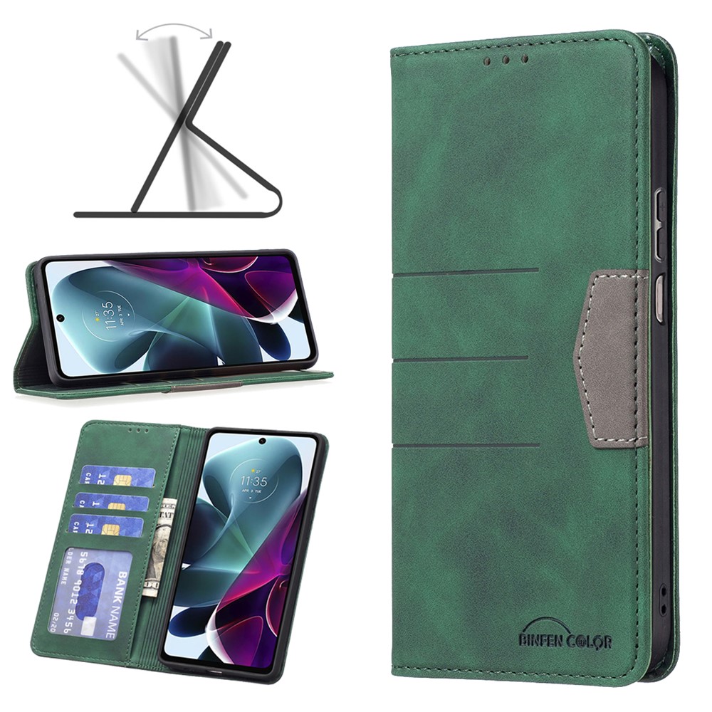 BINFEN COLOR BF Leather Series-1 for Motorola Moto G200 5G/Edge S30 10 Color Splicing Lines Imprinted Phone Case PU Leather Wallet Stand Magnetic Clasp Cover - Green-9