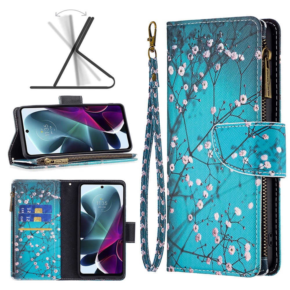 BF Pattern Printing Leather Series-4 for Motorola Moto G200 5G/Edge S30 03 Zipper Pocket Wallet Phone Case Stylish Pattern Printing PU Leather Stand Shell - Plum Blossom-9