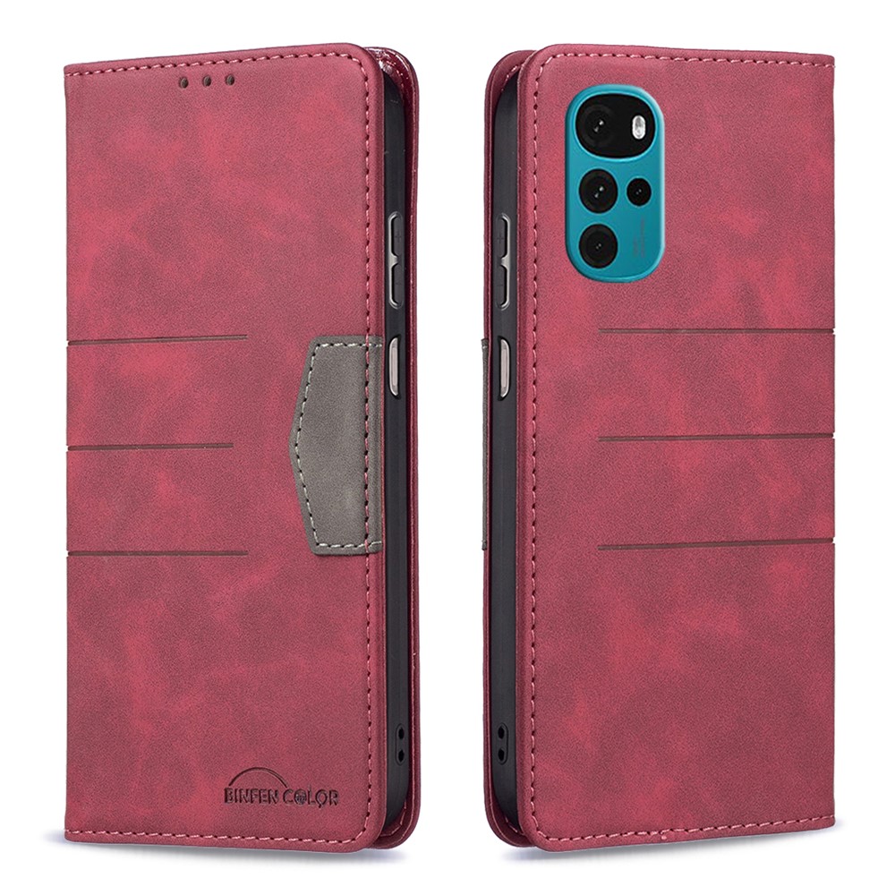 BINFEN COLOR BF Leather Series-1 for Motorola Moto G22 10 Color Splicing Lines Imprinted Phone Case PU Leather Wallet Adjustable Stand Magnetic Clasp Cover - Red-1
