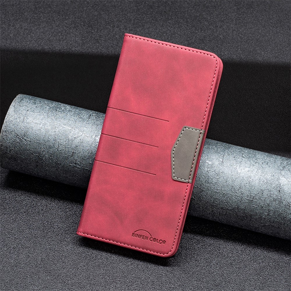BINFEN COLOR BF Leather Series-1 for Motorola Moto G22 10 Color Splicing Lines Imprinted Phone Case PU Leather Wallet Adjustable Stand Magnetic Clasp Cover - Red-4