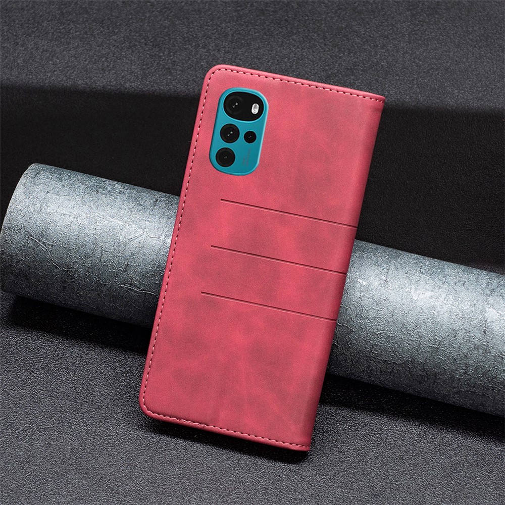 BINFEN COLOR BF Leather Series-1 for Motorola Moto G22 10 Color Splicing Lines Imprinted Phone Case PU Leather Wallet Adjustable Stand Magnetic Clasp Cover - Red-5