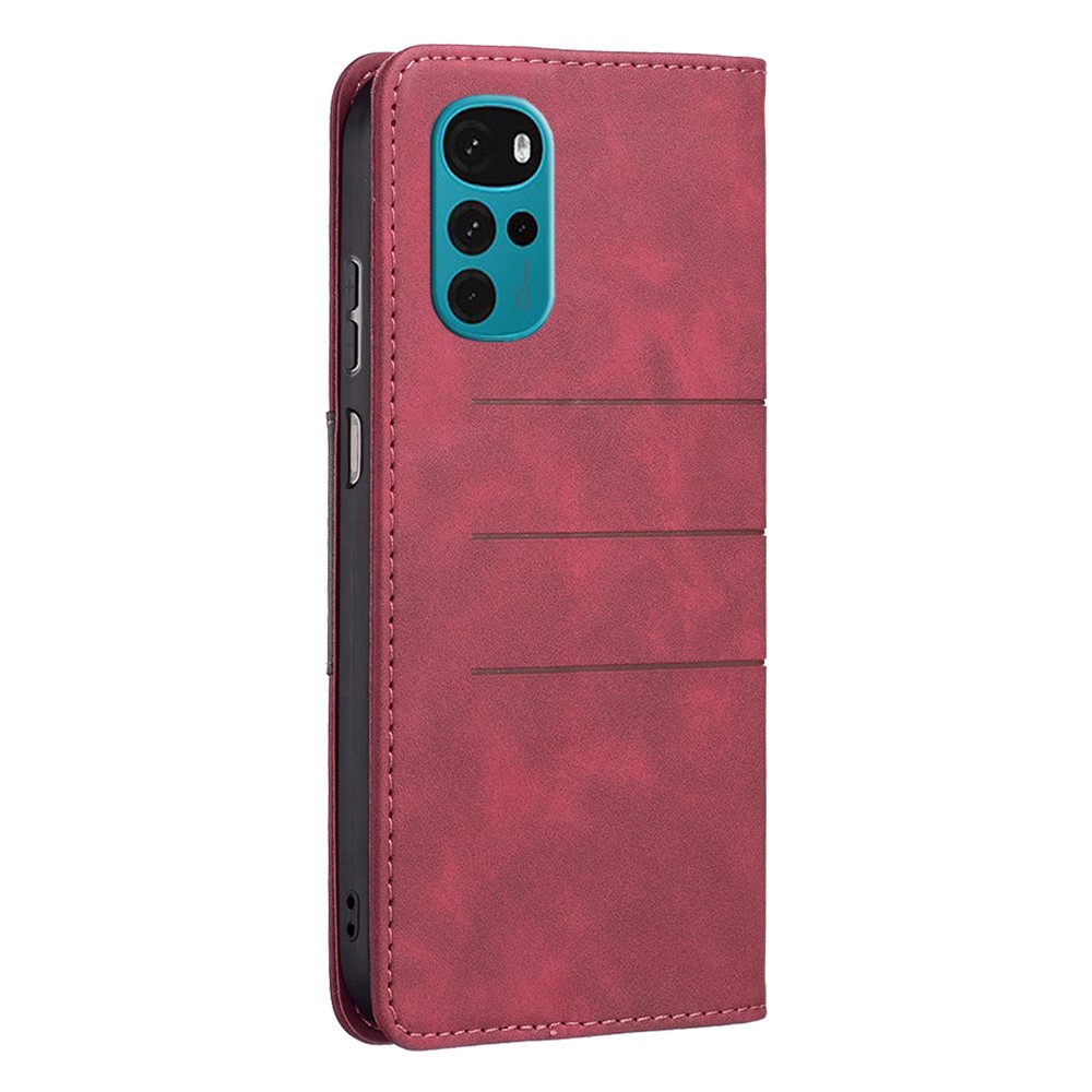 BINFEN COLOR BF Leather Series-1 for Motorola Moto G22 10 Color Splicing Lines Imprinted Phone Case PU Leather Wallet Adjustable Stand Magnetic Clasp Cover - Red-8