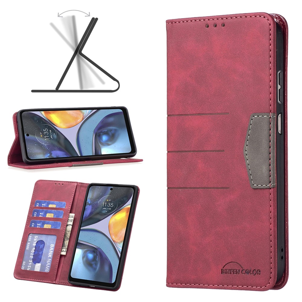 BINFEN COLOR BF Leather Series-1 for Motorola Moto G22 10 Color Splicing Lines Imprinted Phone Case PU Leather Wallet Adjustable Stand Magnetic Clasp Cover - Red-9