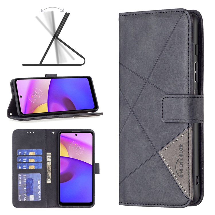 BINFEN COLOR BF Imprinting Pattern Series-2 for Motorola Moto E40/E30 05 Geometric Imprinted Wallet Phone Case Magnetic Closure PU Leather Stand Cover - Black-8