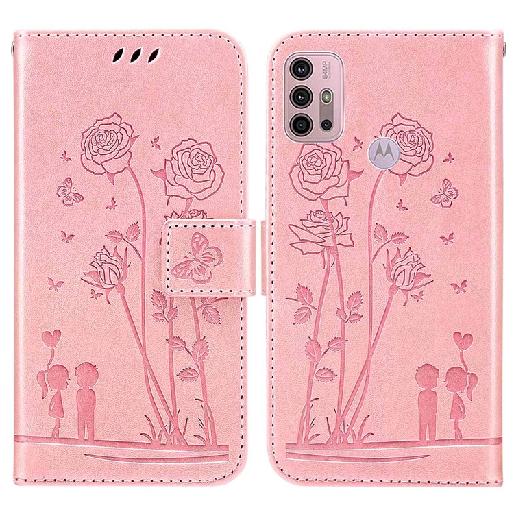 For Motorola Moto G10/G20/G30 Smartphone Shell Bag Anti-shock PU Leather Imprinted Flowers Couples Case Stand Wallet Shell - Pink-1