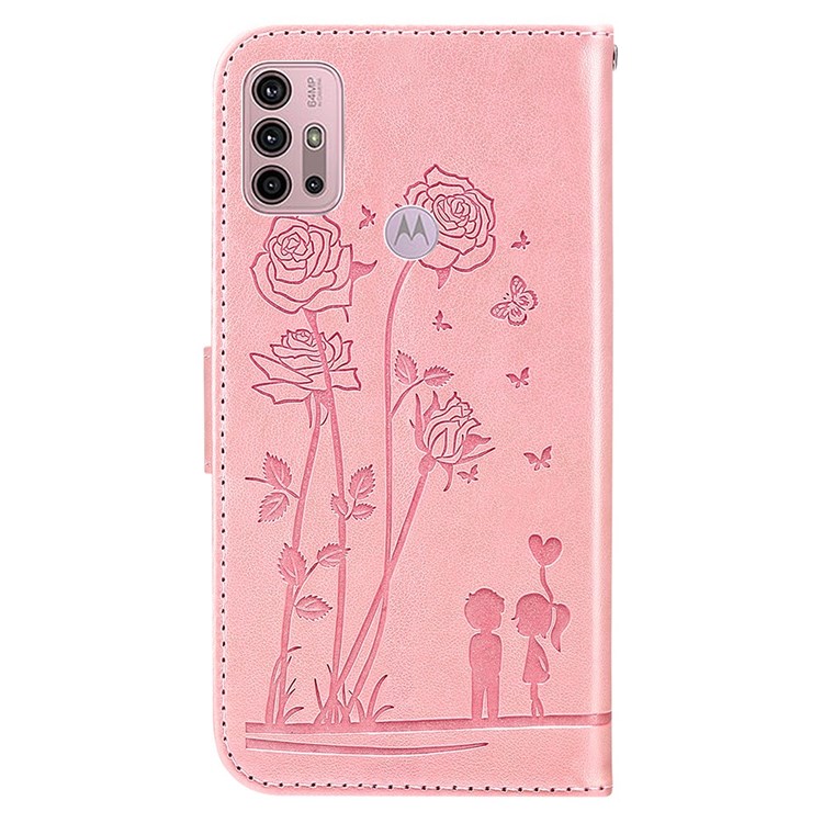 For Motorola Moto G10/G20/G30 Smartphone Shell Bag Anti-shock PU Leather Imprinted Flowers Couples Case Stand Wallet Shell - Pink-9