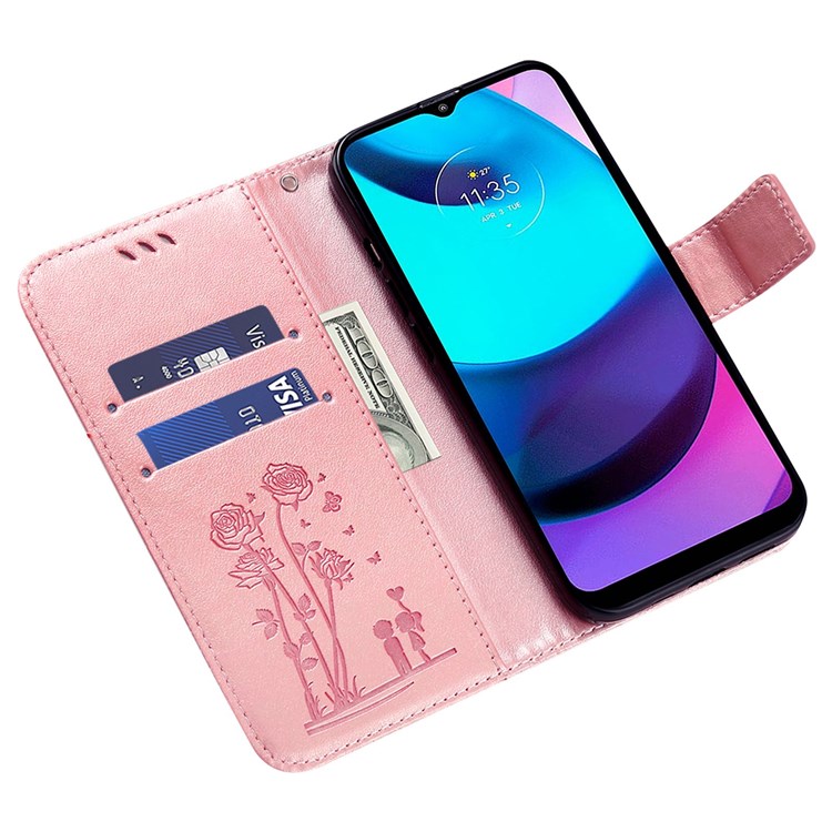 Phone Shell Bag for Motorola Moto G41/G31, PU Leather Imprinted Flowers Couples Pattern Phone Case Stand Wallet - Pink-2