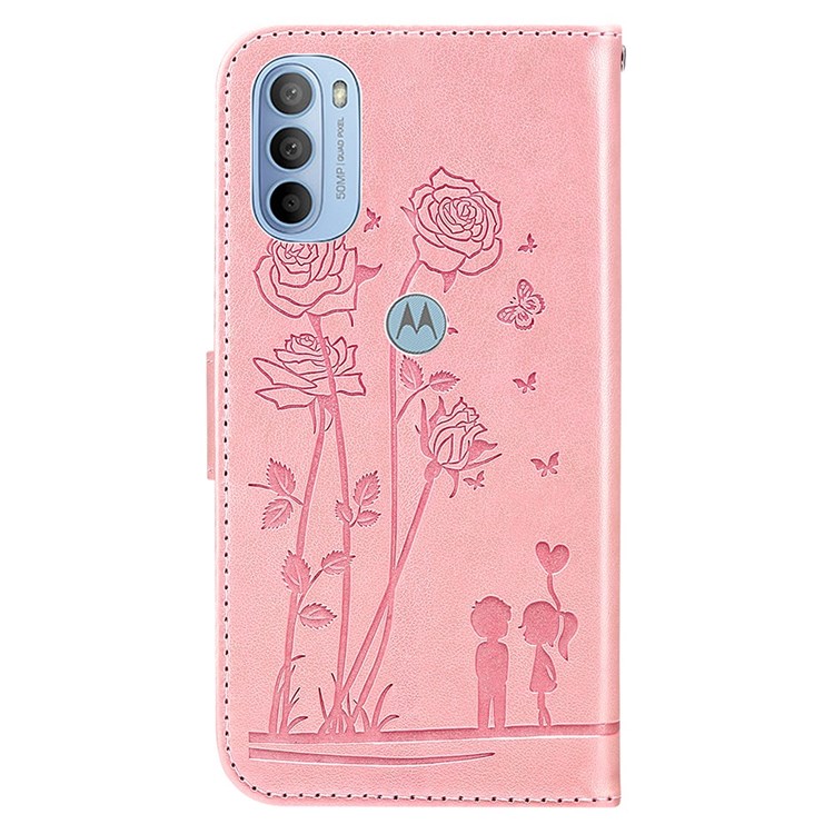 Phone Shell Bag for Motorola Moto G41/G31, PU Leather Imprinted Flowers Couples Pattern Phone Case Stand Wallet - Pink-9