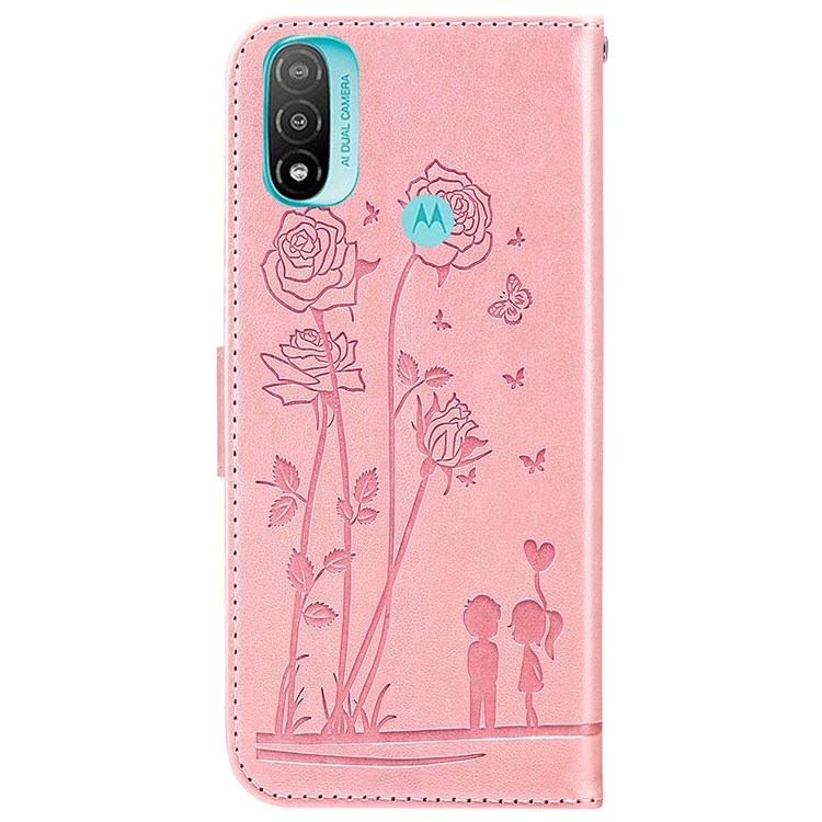 For Motorola Moto E20/E30/E40 Soft TPU+PU Leather Flowers Couples Imprinted Case Stand Wallet Phone Shell - Pink-9