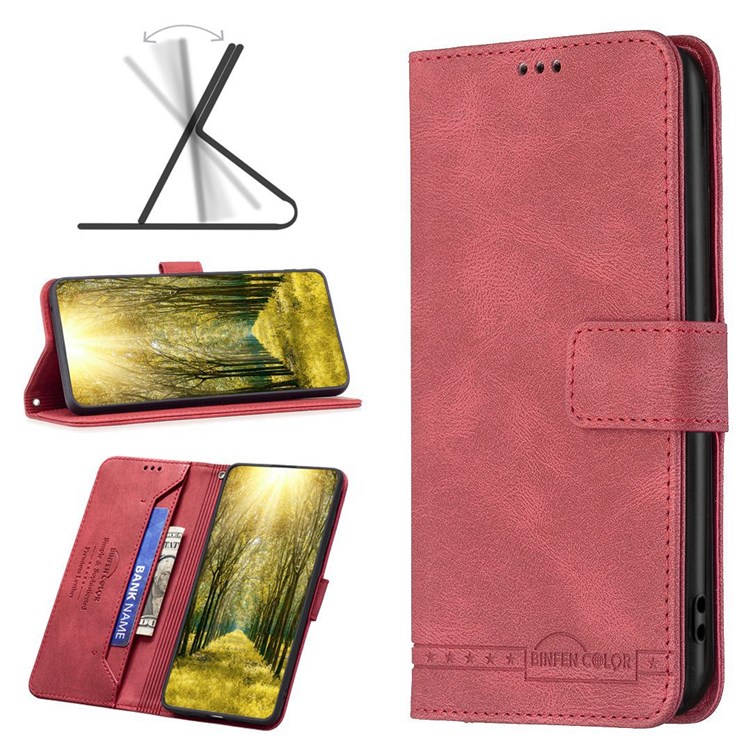 BINFEN COLOR BF Leather Series-6 for Motorola Moto G71 5G 09 RFID Blocking Leather Wallet Case Shockproof TPU Flip Stand Cover - Red-9