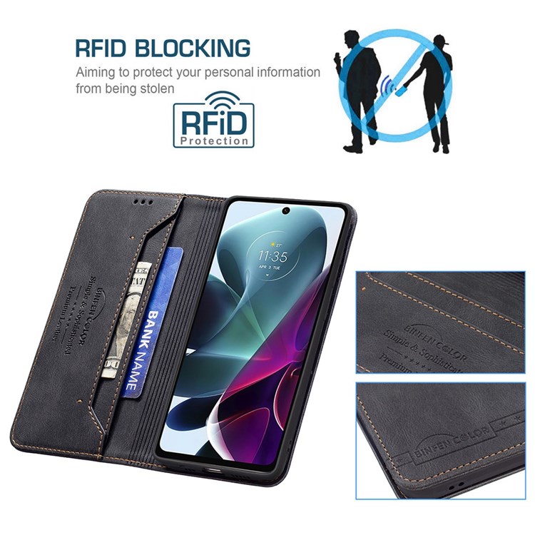 BINFEN COLOR BF Leather Series-5 for Motorola Moto G71 5G RFID Blocking Wallet Case PU Leather 08 Hidden Magnetic Absorption Folio Stand Shockproof Cover - Black-3