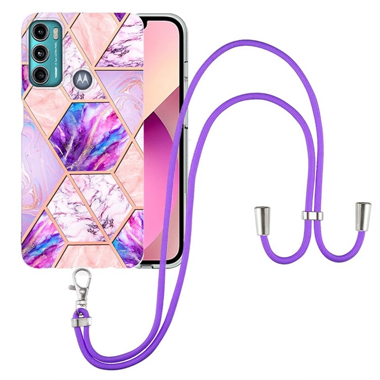 YB IMD Series-5 IML TPU Phone Cover for Motorola Moto G60/Moto G40 Fusion, Anti-Drop Electroplating IML Marble Pattern Splicing Slim and Lightweight Case with Adjustable Lanyard - Light Purple-1