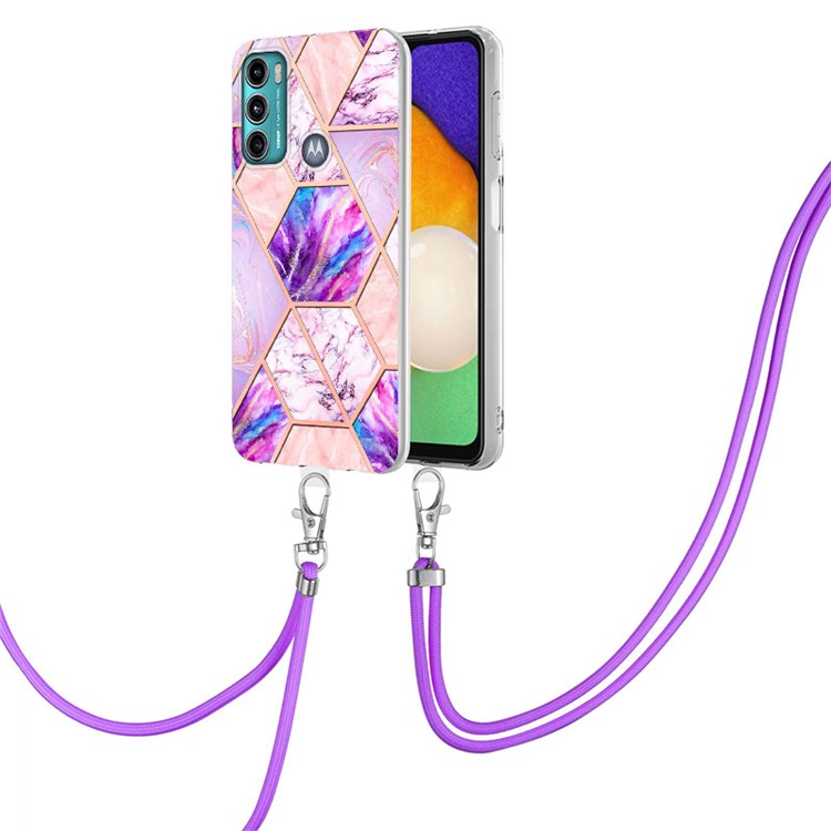 YB IMD Series-5 IML TPU Phone Cover for Motorola Moto G60/Moto G40 Fusion, Anti-Drop Electroplating IML Marble Pattern Splicing Slim and Lightweight Case with Adjustable Lanyard - Light Purple-2