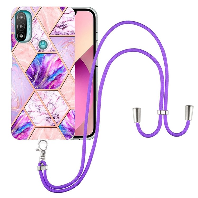 YB IMD Series-5 Flexible TPU Phone Cover for Motorola Moto E40/E30/E20, Anti-Yellowing Electroplating IML Marble Pattern Splicing Soft Case with Adjustable Lanyard - Light Purple-1