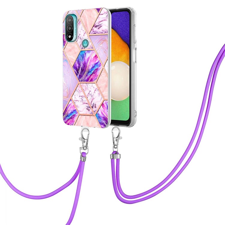 YB IMD Series-5 Flexible TPU Phone Cover for Motorola Moto E40/E30/E20, Anti-Yellowing Electroplating IML Marble Pattern Splicing Soft Case with Adjustable Lanyard - Light Purple-2