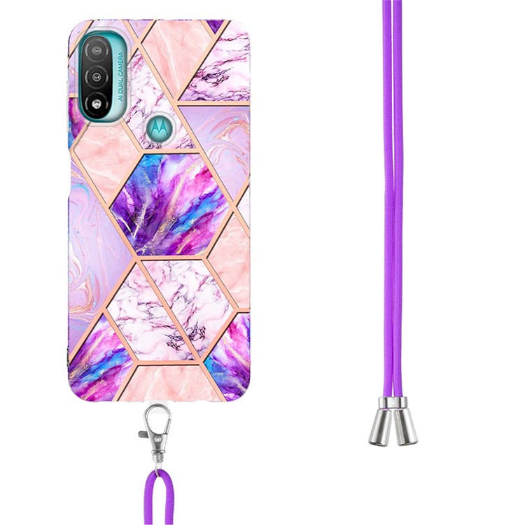 YB IMD Series-5 Flexible TPU Phone Cover for Motorola Moto E40/E30/E20, Anti-Yellowing Electroplating IML Marble Pattern Splicing Soft Case with Adjustable Lanyard - Light Purple-3