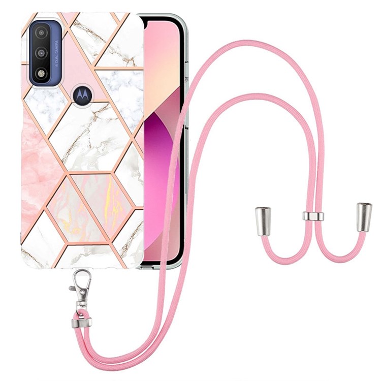 YB IMD Series-5 IML TPU Phone Cover for Motorola G Pure (2021)/Moto G Power (2022), Electroplating IML Marble Pattern Splicing Freely-Twisted Soft Case with Adjustable Lanyard - Pink/White-1