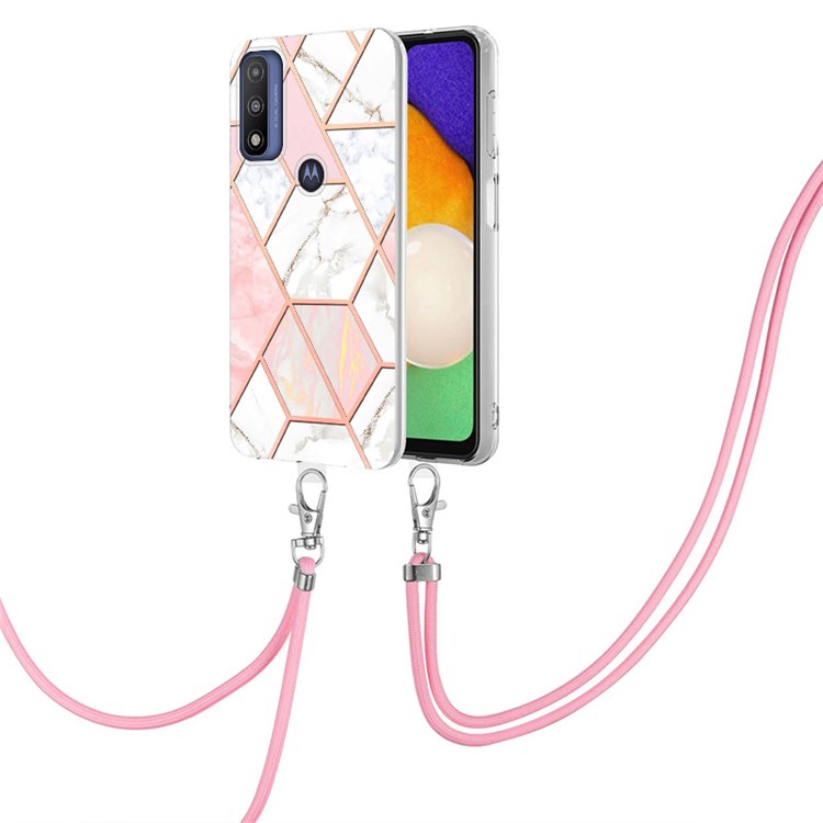 YB IMD Series-5 IML TPU Phone Cover for Motorola G Pure (2021)/Moto G Power (2022), Electroplating IML Marble Pattern Splicing Freely-Twisted Soft Case with Adjustable Lanyard - Pink/White-2