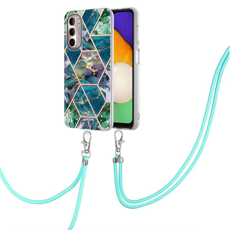 YB IMD Series-5 Flexible TPU Phone Cover for Motorola Moto G Stylus (2022), Electroplating Rhombus Splicing IML Marble Pattern Case with Adjustable Lanyard - Blue/Green-2