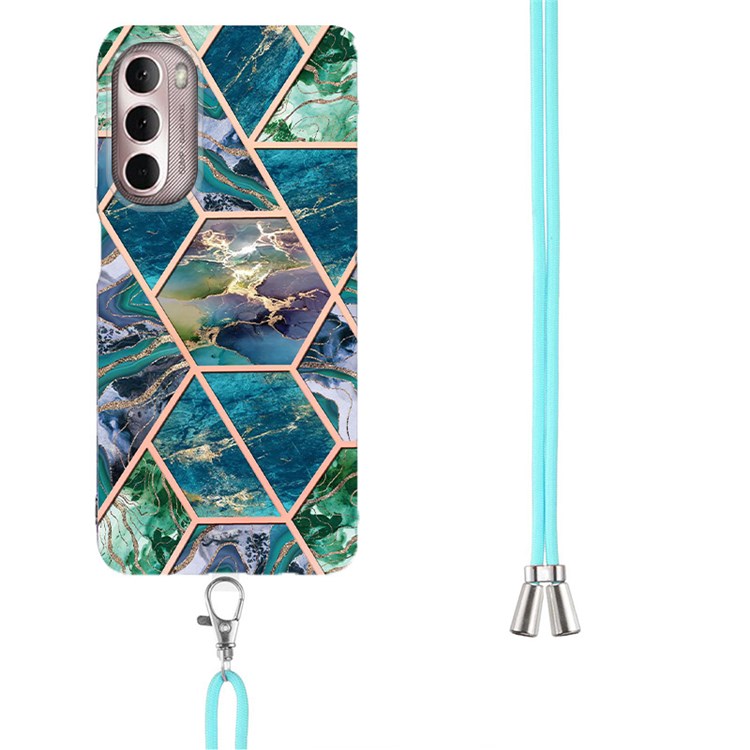 YB IMD Series-5 Flexible TPU Phone Cover for Motorola Moto G Stylus (2022), Electroplating Rhombus Splicing IML Marble Pattern Case with Adjustable Lanyard - Blue/Green-3