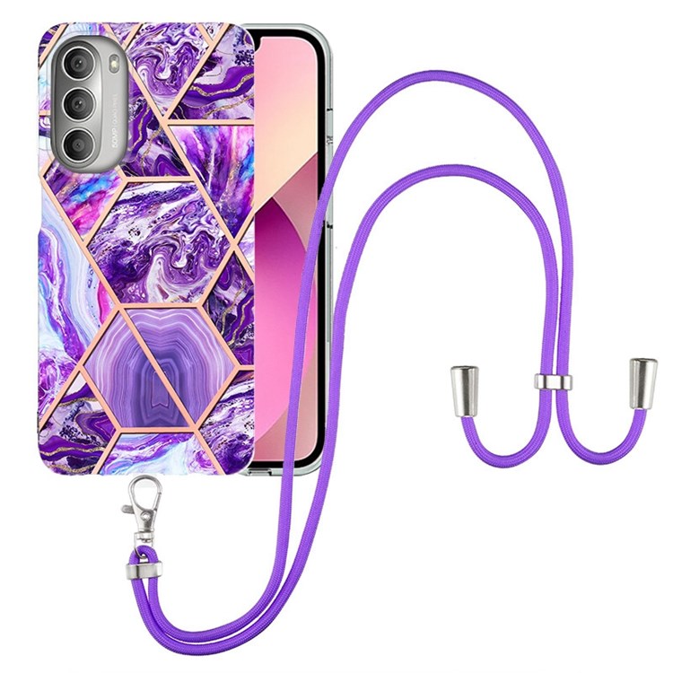 YB IMD Series-5 Slim Lightweight TPU Phone Cover for Motorola Moto G51 5G, Electroplating Double-Sided IMD IML Marble Pattern Splicing Soft Phone Case Accessory with Adjustable Lanyard - Dark Purple-1