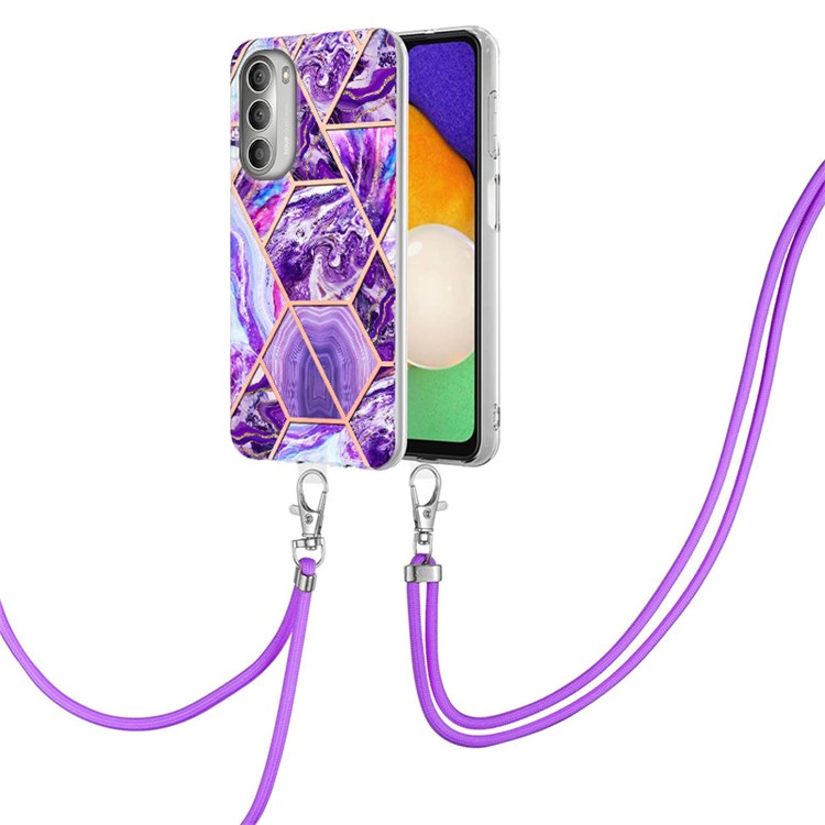 YB IMD Series-5 Slim Lightweight TPU Phone Cover for Motorola Moto G51 5G, Electroplating Double-Sided IMD IML Marble Pattern Splicing Soft Phone Case Accessory with Adjustable Lanyard - Dark Purple-2