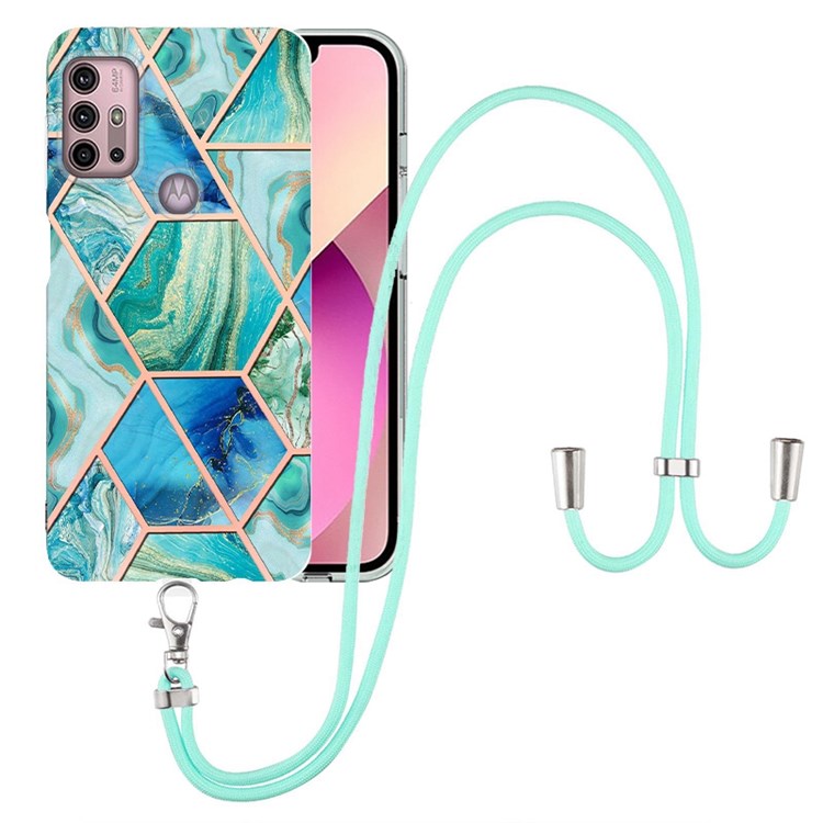 YB IMD Series-5 Flexible TPU Phone Cover for Motorola Moto G30/G20/G10/G10 Power, Shock-Absorbed Electroplating IMD IML Marble Pattern Splicing Soft Phone Case Accessory with Lanyard - Green-1