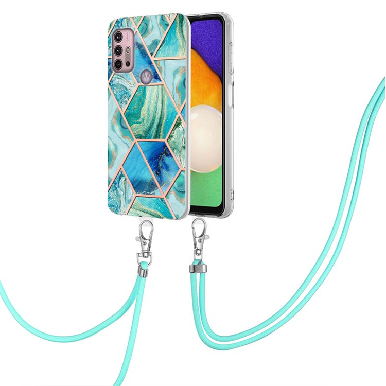 YB IMD Series-5 Flexible TPU Phone Cover for Motorola Moto G30/G20/G10/G10 Power, Shock-Absorbed Electroplating IMD IML Marble Pattern Splicing Soft Phone Case Accessory with Lanyard - Green-2