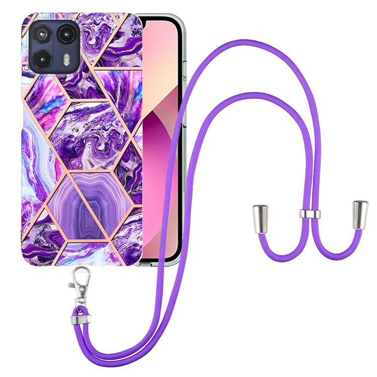 YB IMD Series-5 Flexible TPU Phone Cover for Motorola Moto G50 5G, Anti-Fall Electroplating Double-Sided IMD Splicing IML Marble Pattern Soft Case with Lanyard - Dark Purple-1
