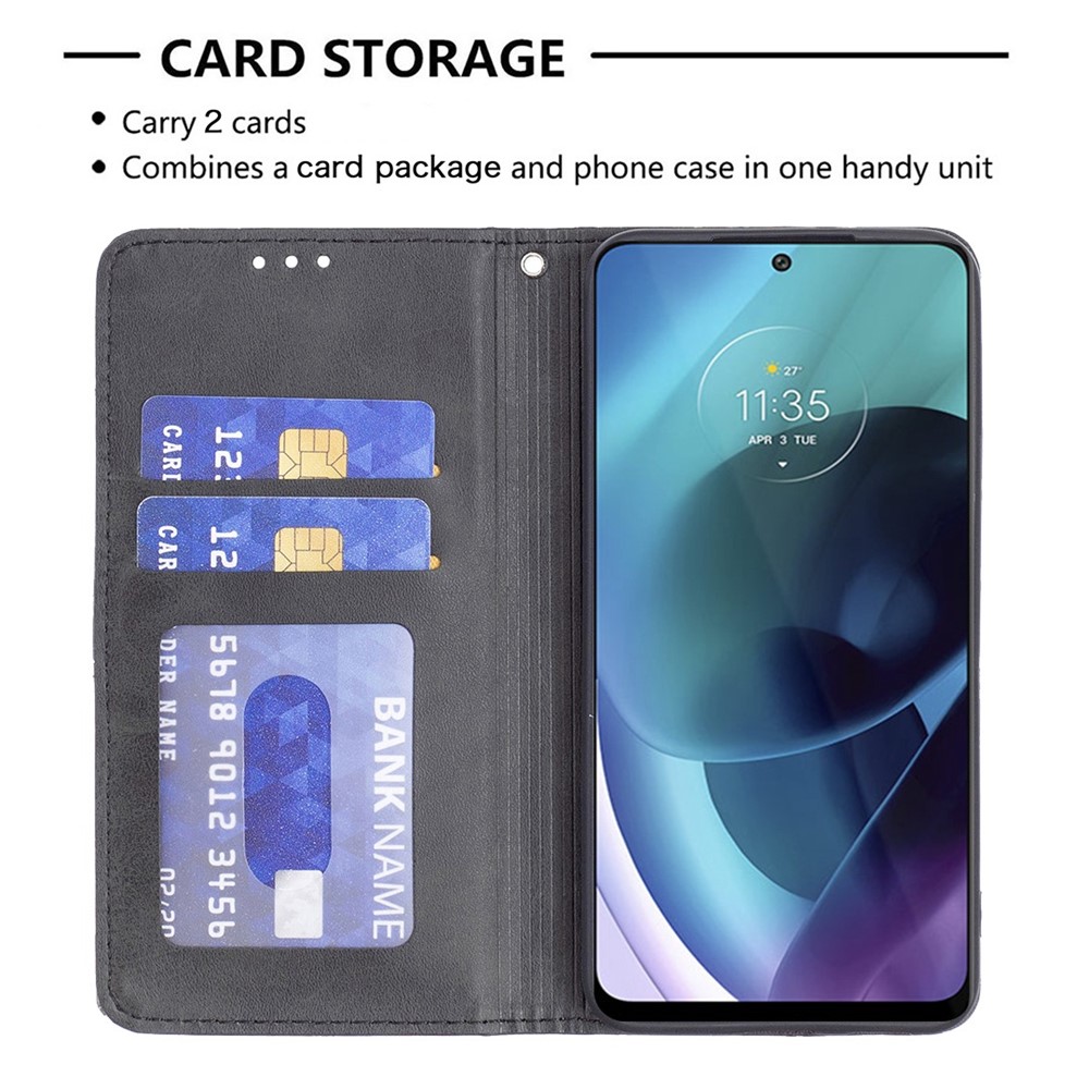 BF Imprinting Pattern Series-1 for Motorola Moto G51 5G Imprinting Rhombus Pattern PU Leather Card Holder Case Hands-free Stand Magnetic Closure Phone Cover - Black-4