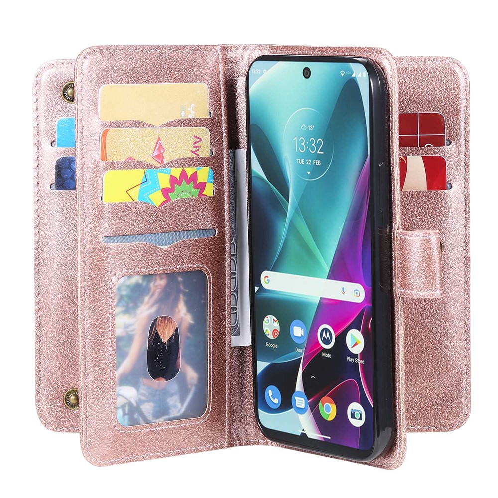 For Motorola Moto G200 5G/Edge S30 KT Multi-functional Series-1 PU Leather Folio Flip Wallet Case 10 Card Holder Slots Soft TPU Shockproof Protective Cover - Rose Gold-7