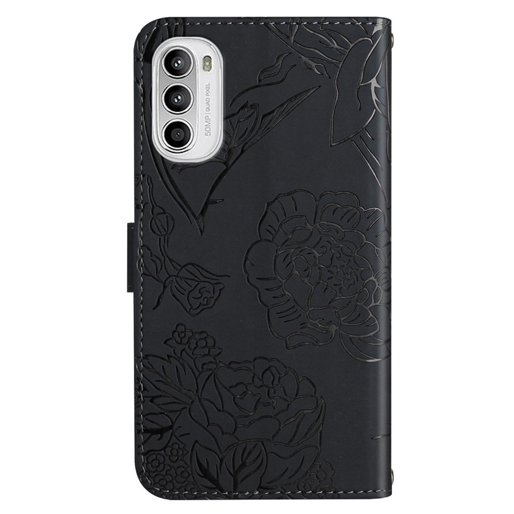For Motorola Moto G52 Wallet Phone Case Imprinted Butterfly Flowers PU Leather Wrist Strap Stand Feature Flip Cover - Black-10