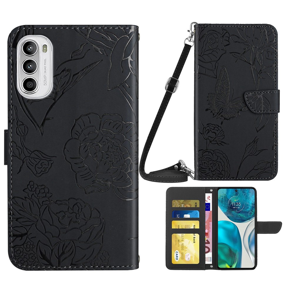 For Motorola Moto G52 Imprinted Butterfly Flowers Wallet Case PU Leather Stand Magnetic Flip Anti-Fall Cover with Shoulder Strap - Black-1
