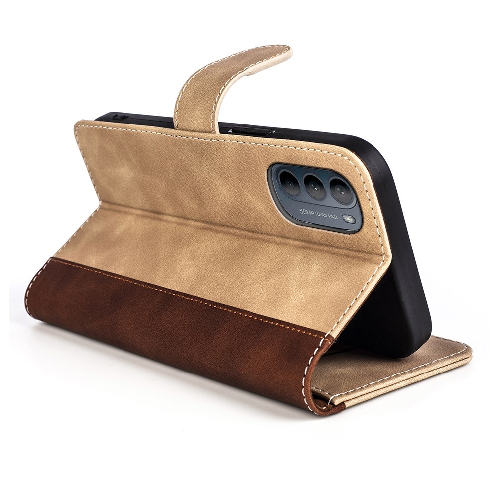 For Motorola Moto G52 4G Splicing PU Leather Shock Absorbing Phone Case Viewing Stand Wallet Protective Cover - Yellow-4