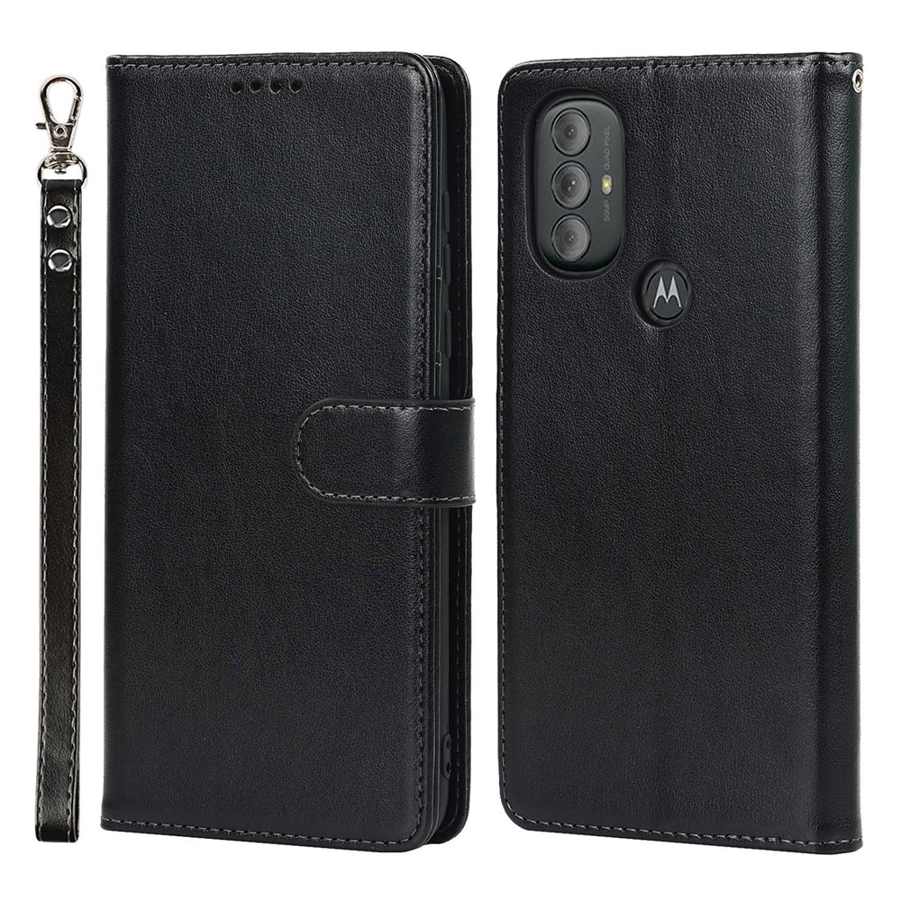 For Motorola Moto G Power (2022) R61 Texture Felled Seam PU Leather Flip Cover Stand Feature Magnetic Closure Wallet Case with Wrist Strap - Black-1