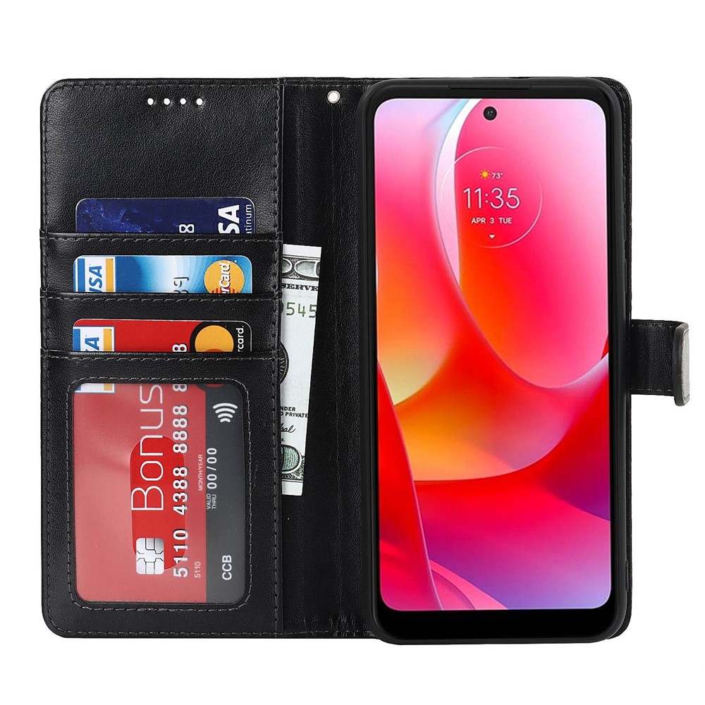 For Motorola Moto G Power (2022) R61 Texture Felled Seam PU Leather Flip Cover Stand Feature Magnetic Closure Wallet Case with Wrist Strap - Black-2