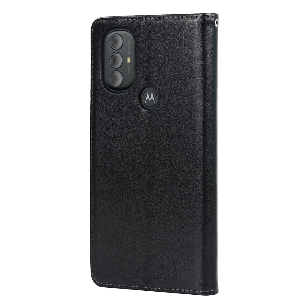 For Motorola Moto G Power (2022) R61 Texture Felled Seam PU Leather Flip Cover Stand Feature Magnetic Closure Wallet Case with Wrist Strap - Black-8