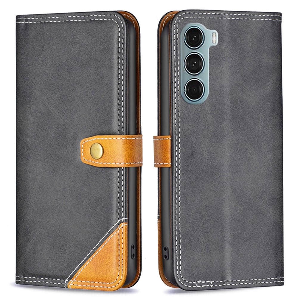 BINFEN COLOR BF Leather Series-8 for Motorola Moto G200 5G/Edge S30 Splicing Lines Case 12 Style Card Slots Stand Design Leather Phone Case - Black-1
