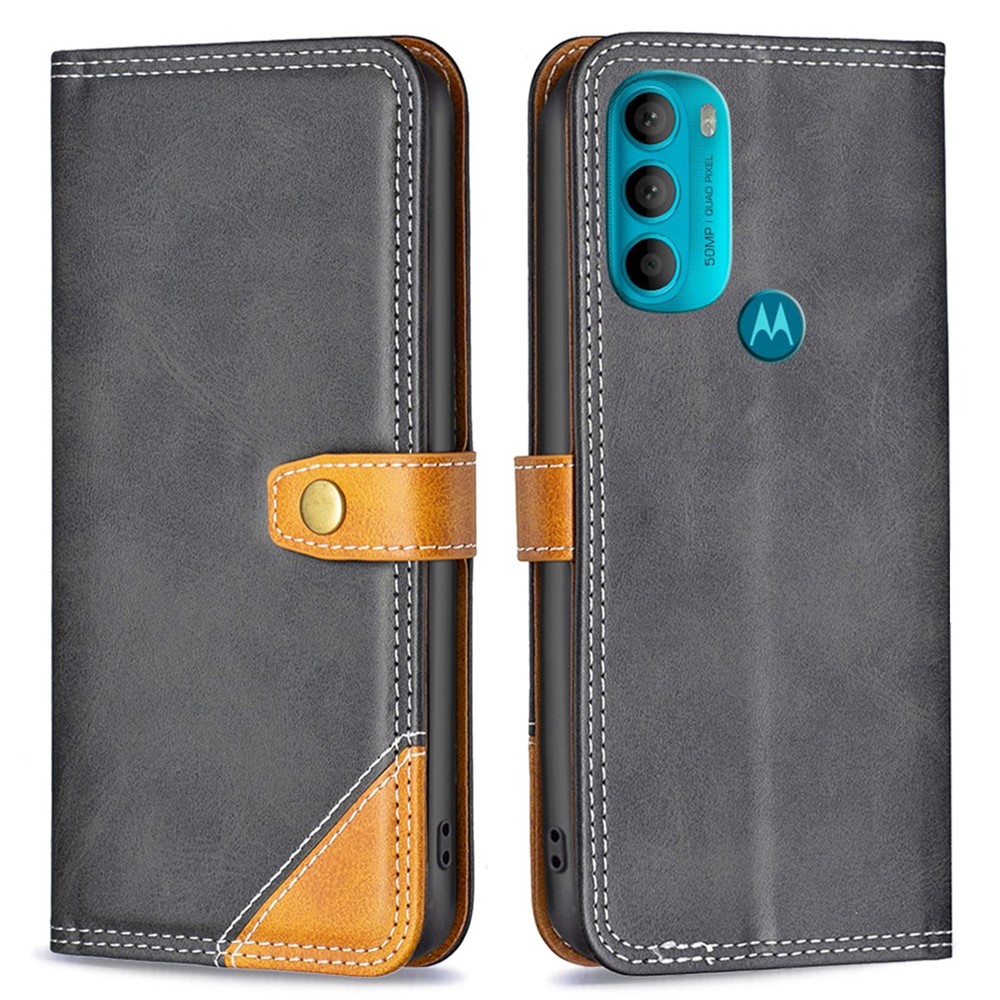 BINFEN COLOR for Motorola Moto G71 BF Leather Series-8 Splicing Lines 12 Style Card Slots All-inclusive Protection Cover Magnetic Leather Phone Shell with Stand - Black-1