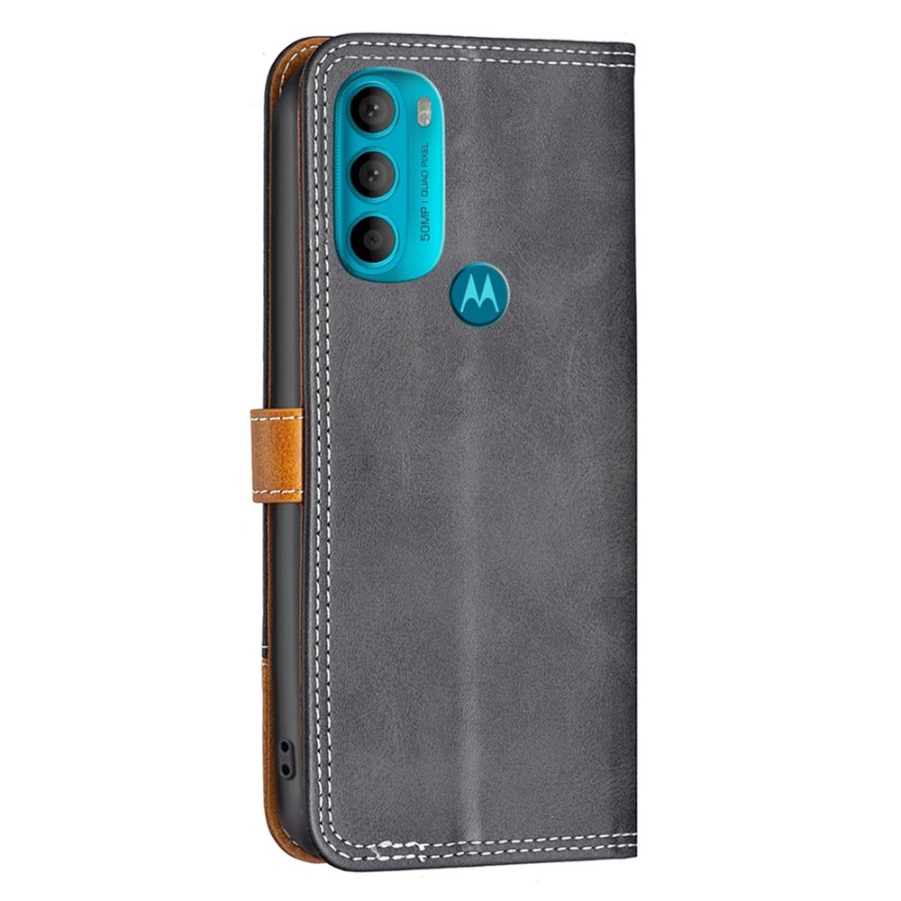 BINFEN COLOR for Motorola Moto G71 BF Leather Series-8 Splicing Lines 12 Style Card Slots All-inclusive Protection Cover Magnetic Leather Phone Shell with Stand - Black-7