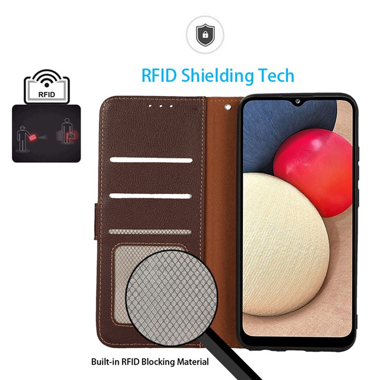 Khazneh Para Motorola Moto E32 4G PU Caja de Teléfono de Cuero Bloqueo Rfid Litchi Textur Soport Cover Con Correa - Marrón-3