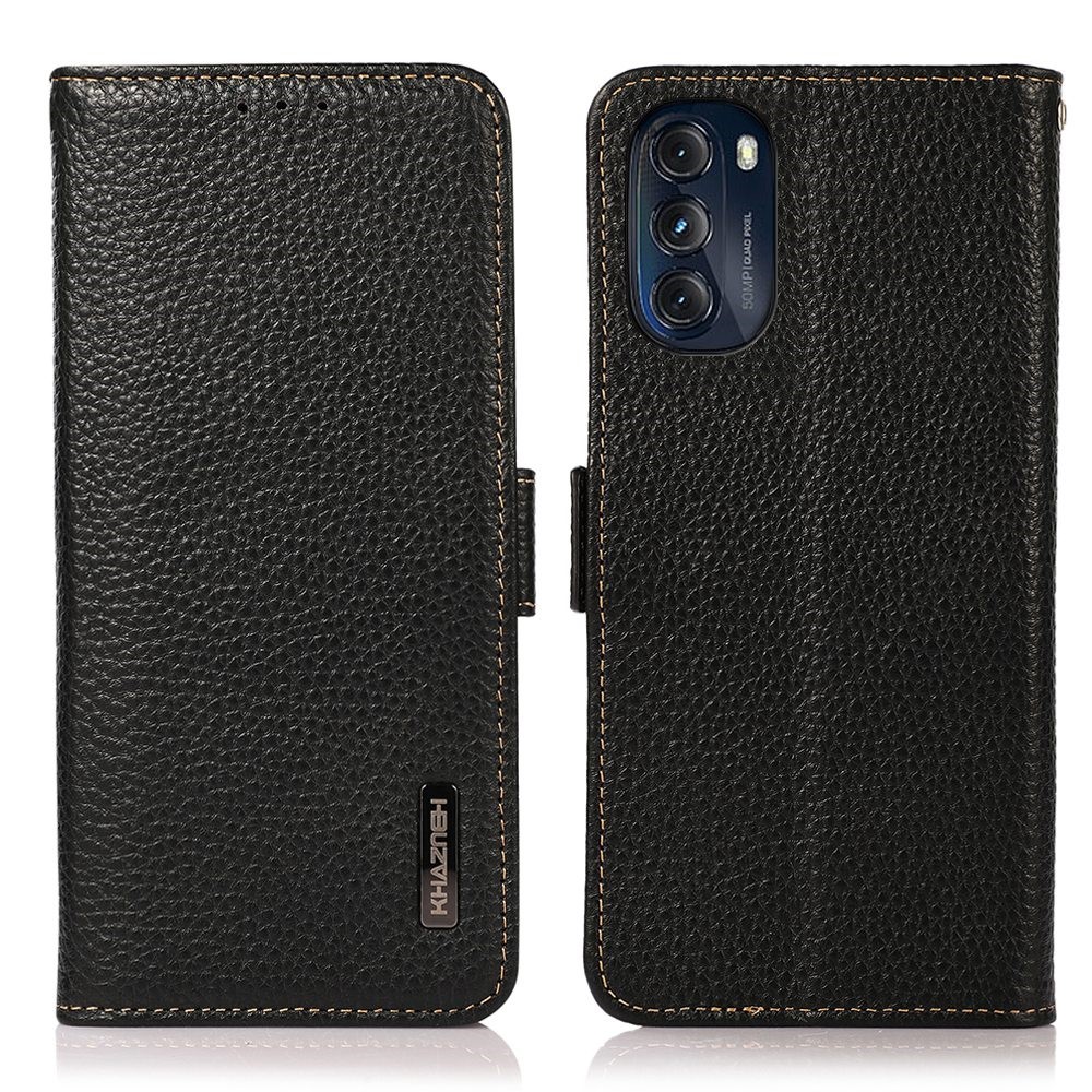 KHAZNEH For Motorola Moto G (2022) 5G RFID Blocking Litchi Texture Genuine Leather Phone Case Stand Wallet Shell - Black-1
