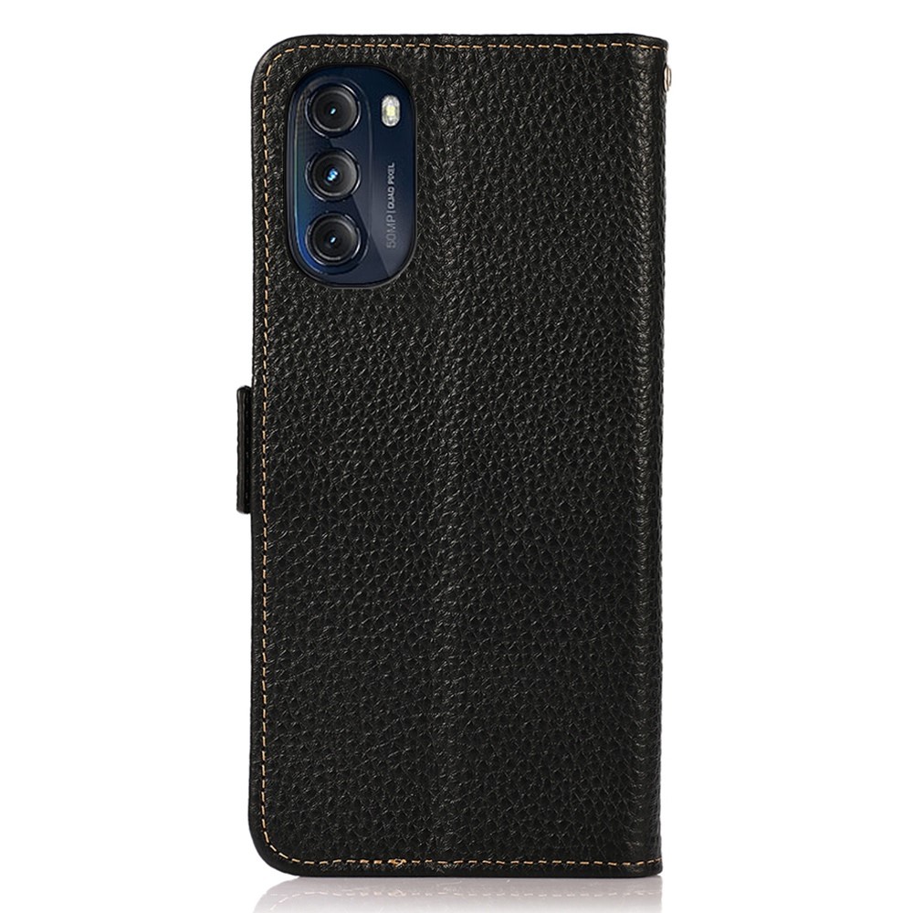 KHAZNEH For Motorola Moto G (2022) 5G RFID Blocking Litchi Texture Genuine Leather Phone Case Stand Wallet Shell - Black-7