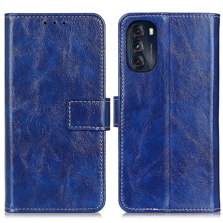 For Motorola Moto G (2022) 5G Retro Crazy Horse Texture Phone Drop-proof Case PU Leather Stand Wallet Cover - Blue-1